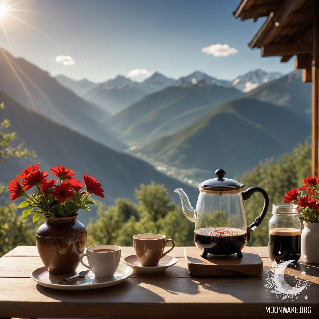 Уютный деревянный стол с банкой красных цветов, кофейником и чашками, на фоне гор, залитых солнечными лучами.