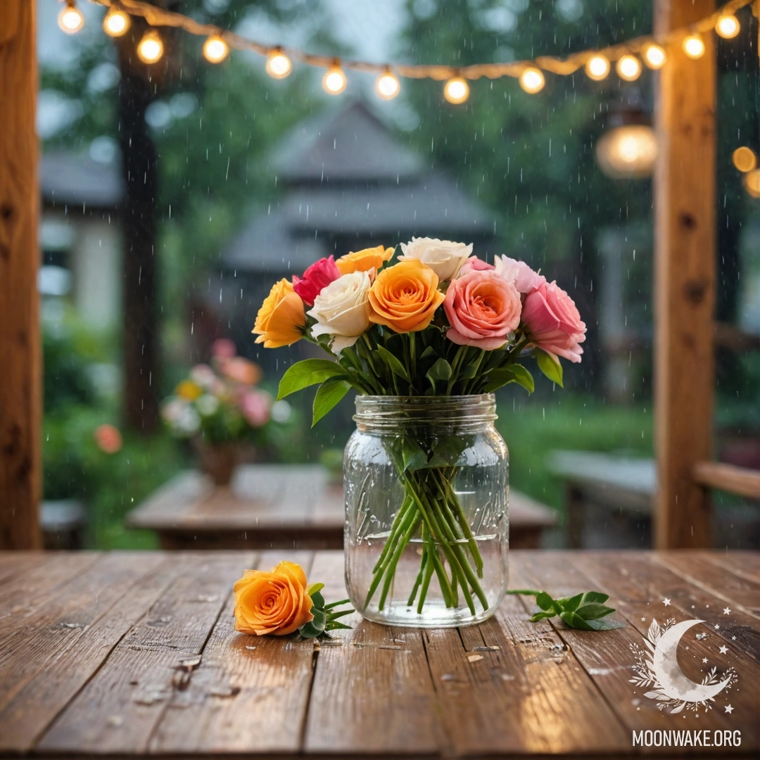Деревянный стол с банкой цветов и размытым фоном от гирлянды под дождем.