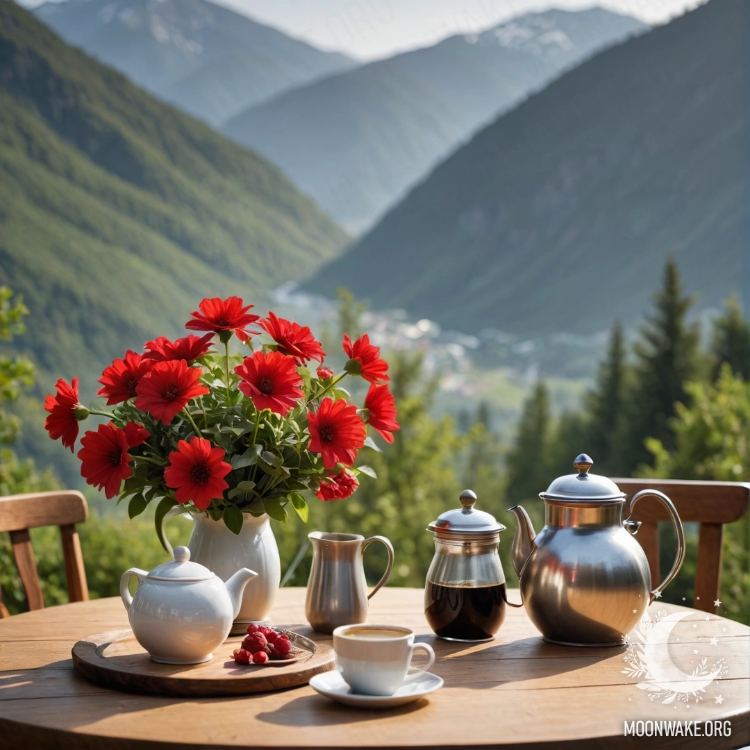 Уютный деревянный стол с банкой красных цветов, кофейником и чашками, освещённый гирляндой, на фоне горного пейзажа.