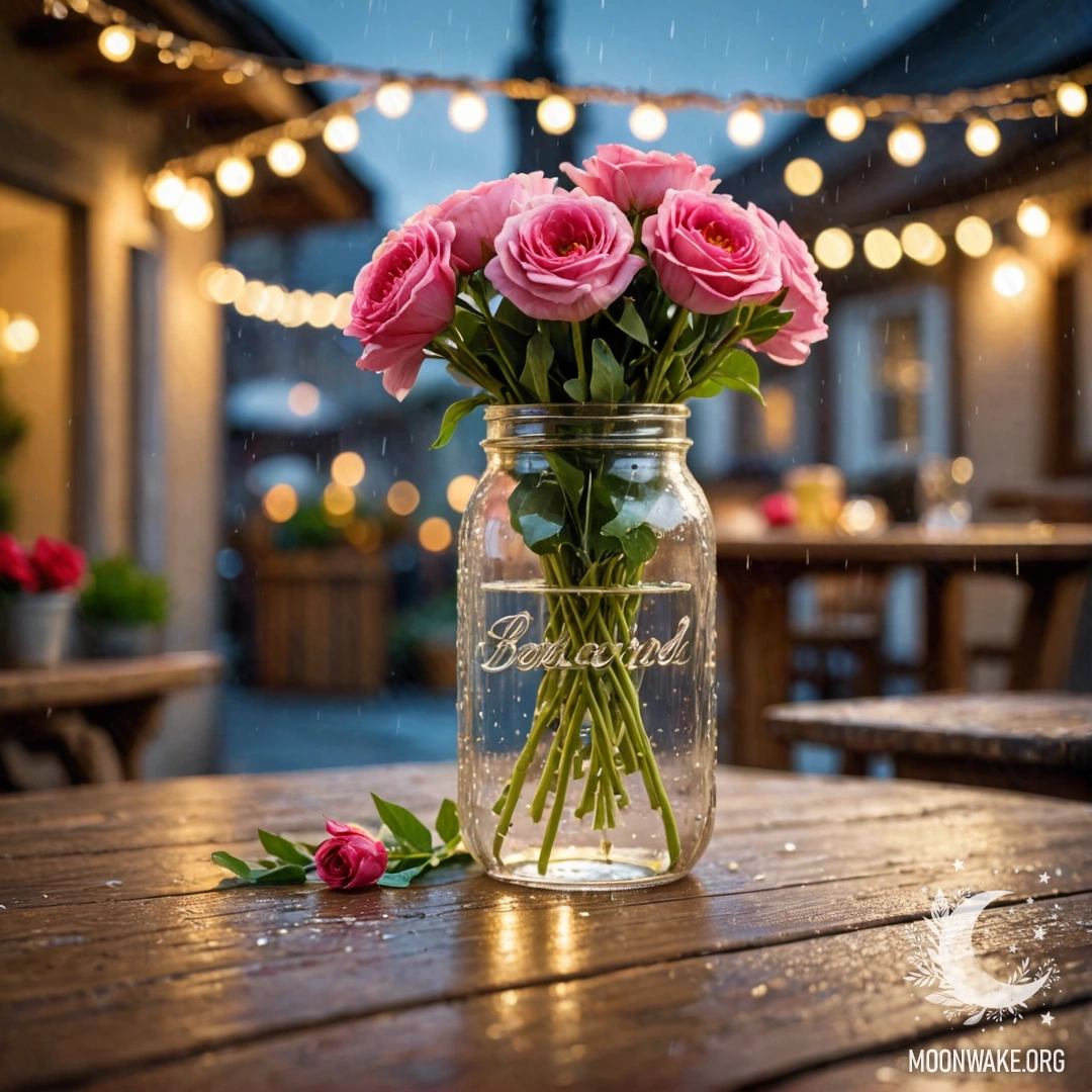 Деревянный стол с банкой цветов и размытой гирляндой в фоне под дождем.