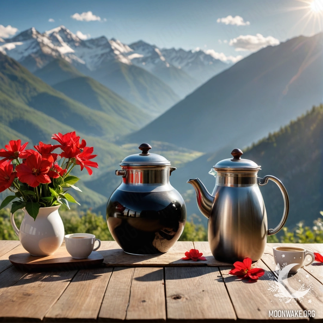 Деревянный стол с банкой красных цветов, кофейником и чашками на фоне величественных гор, освещенных солнечными лучами.