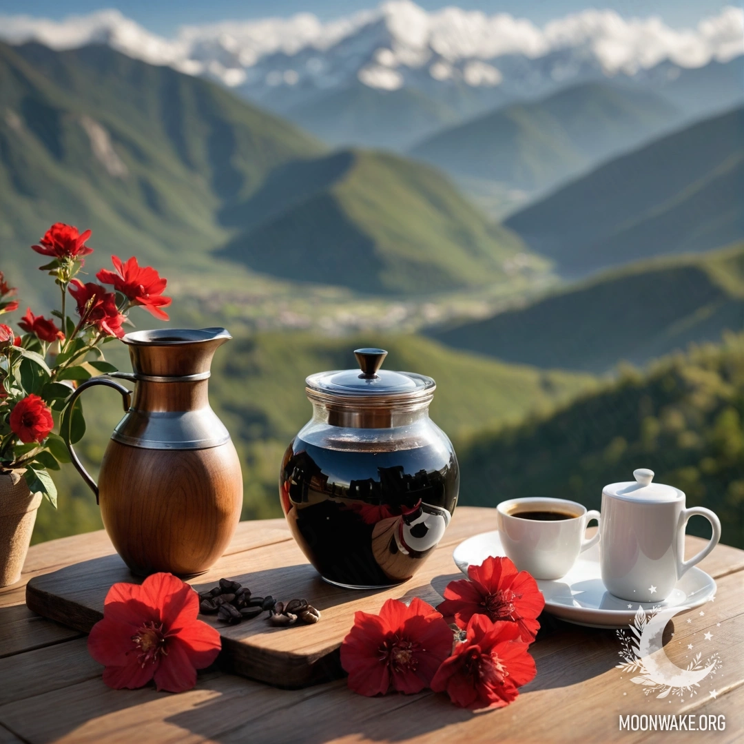 Уютный деревянный стол с банкой красных цветов, кофейником и чашками на фоне живописных гор.
