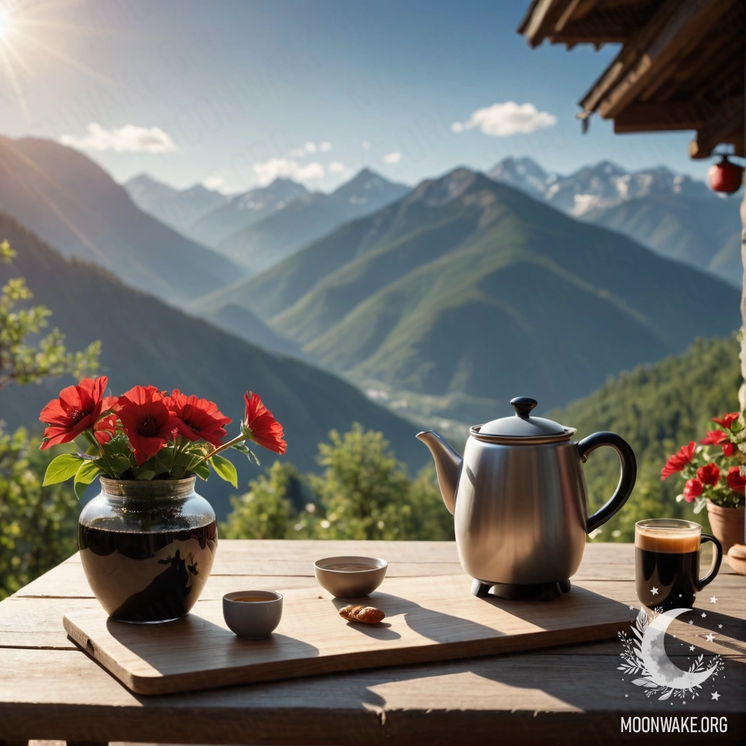 Уютный деревянный стол с кофейником и чашками, украшенный красными цветами на фоне гор.