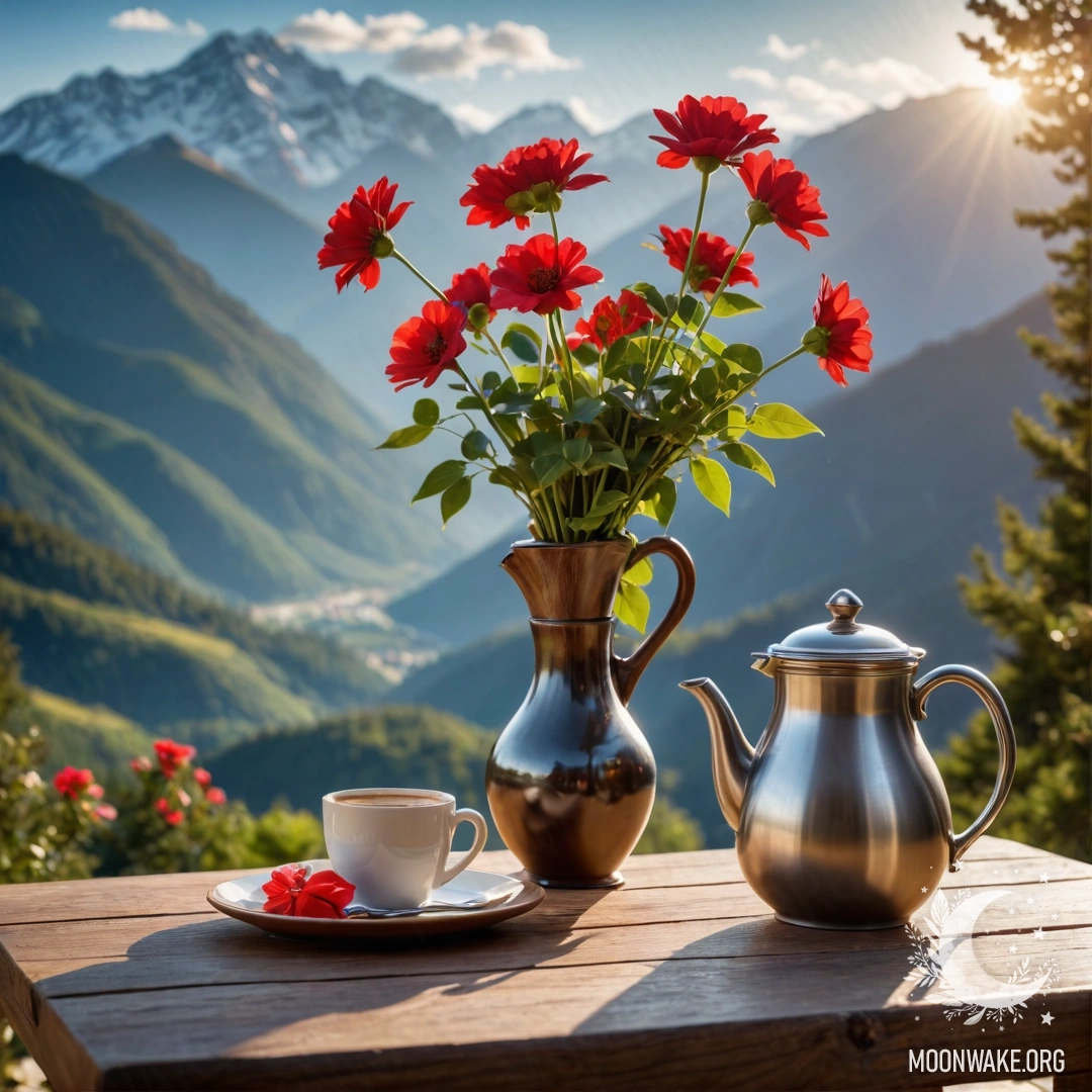 Уютный деревянный стол с банкой красных цветов и кофейником на фоне гор.