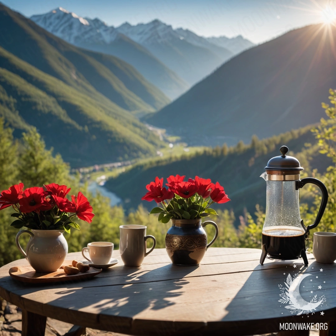 Уютный деревянный стол с банкой красных цветов, кофейником и чашками на фоне гор.