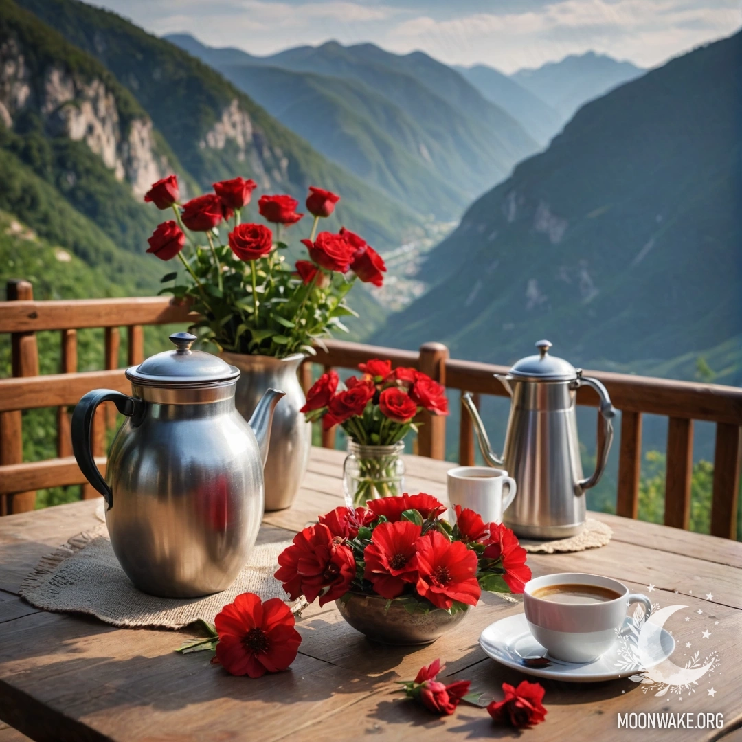 Уютный деревянный стол с банкой красных цветов, кофейником и чашками на фоне гор.