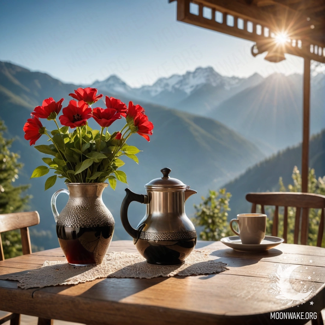 Деревянный стол с красными цветами, кофейником и чашками под солнечными лучами на фоне гор.