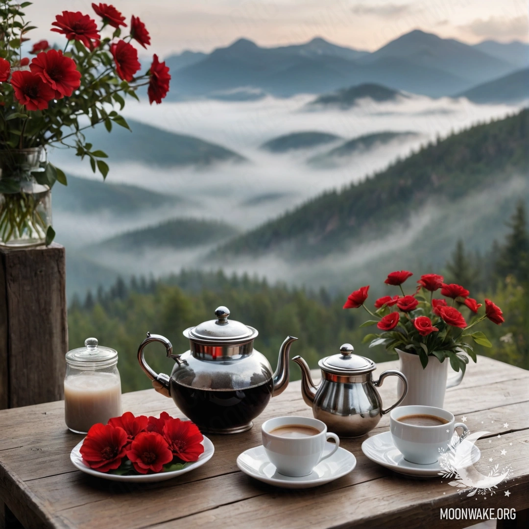 Уютный деревянный стол с красными цветами и кофейником на фоне туманных гор.