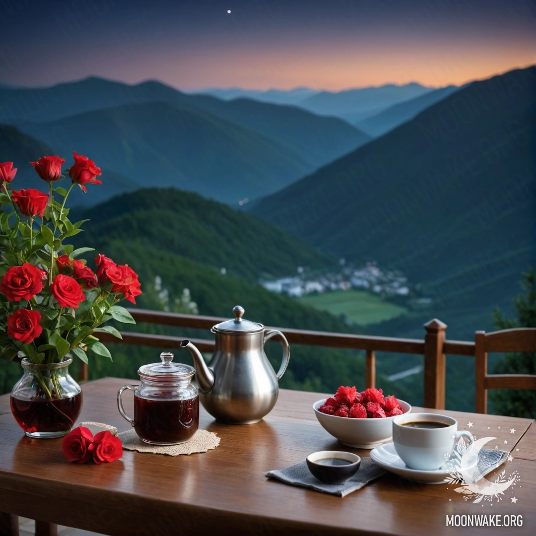 Уютный деревянный стол, украшенный банкой с красными цветами, кофейником и чашками, на фоне гор ночью.