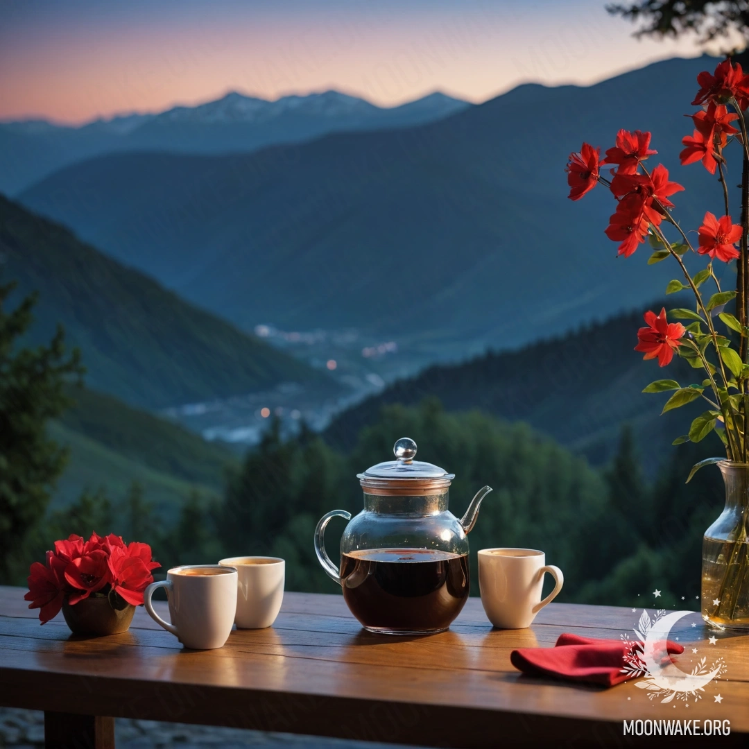 Деревянный стол с красными цветами, кофейником и чашками на фоне гор в ночное время.