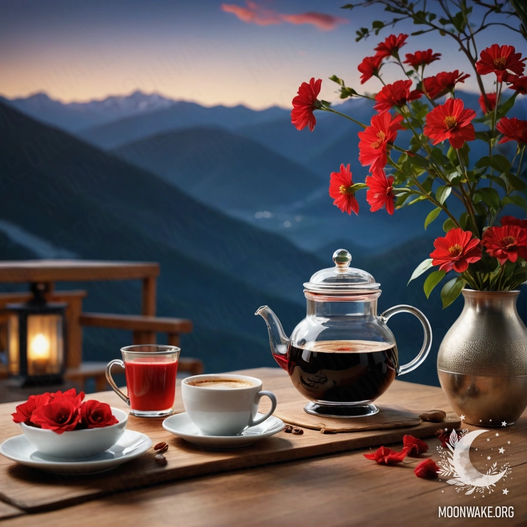 Деревянный стол с красными цветами и кофейником на фоне гор ночью.