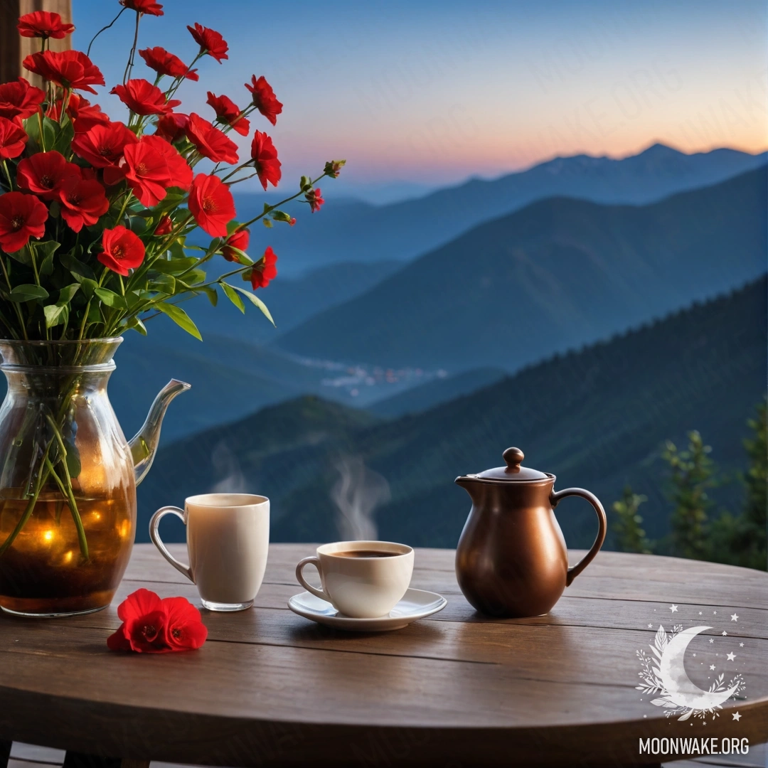 Деревянный стол с банкой красных цветов, кофейником и чашками на фоне гор ночью.