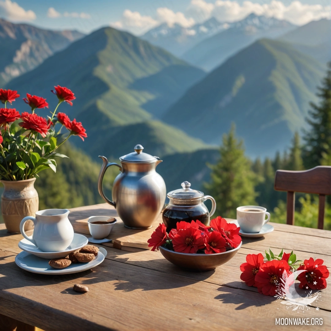 Уютный деревянный стол, на котором стоит банка с красными цветами и кофейник на фоне гор.