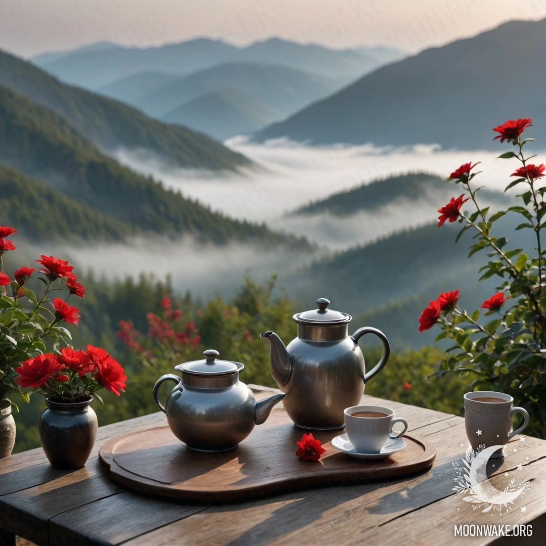 Уютный деревянный стол с красными цветами, кофейник и чашки в густом тумане с горами на заднем плане.