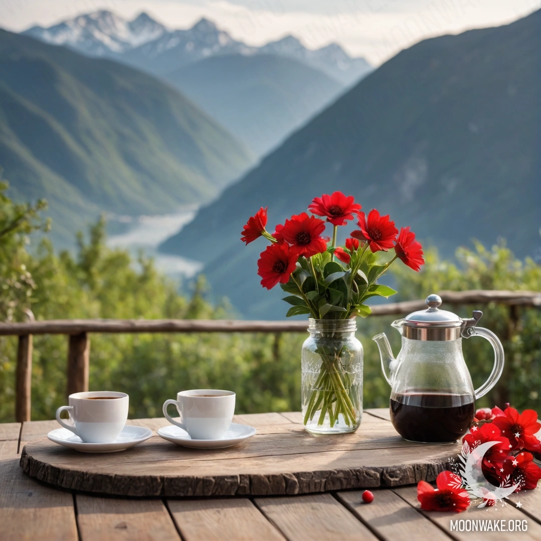 Уютный деревянный стол на фоне гор, украшенный банкой с красными цветами, кофейником и чашками под огоньками гирлянды.