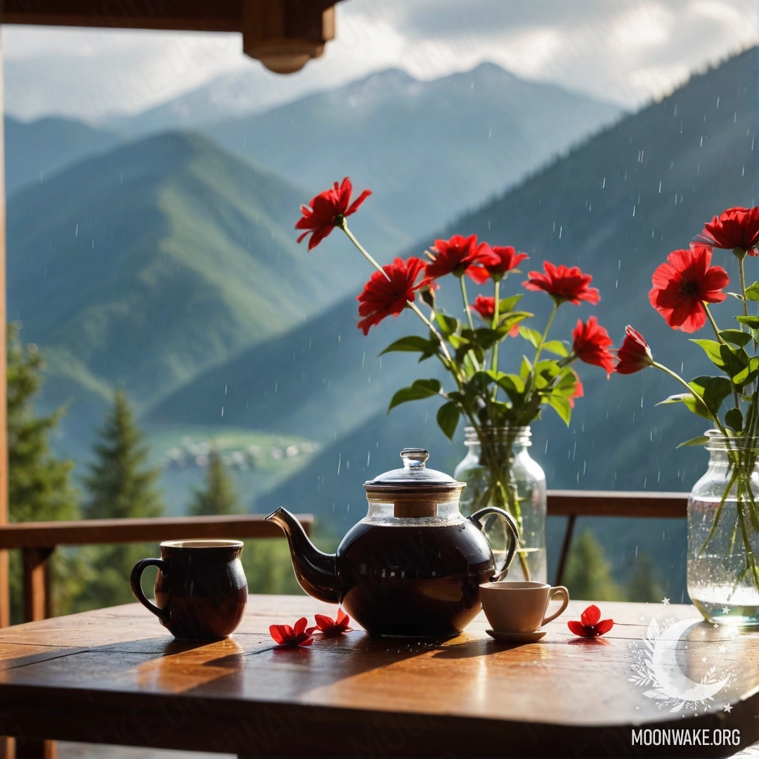 Деревянный стол с красными цветами, кофейником и чашками под дождем на фоне гор.