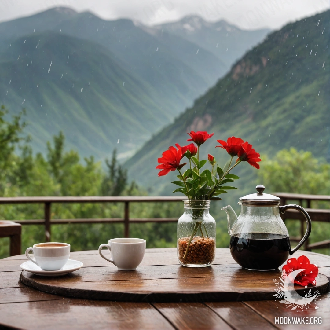 Уютный деревянный стол с банкой красных цветов, кофейником и чашками, на фоне гор под дождем.
