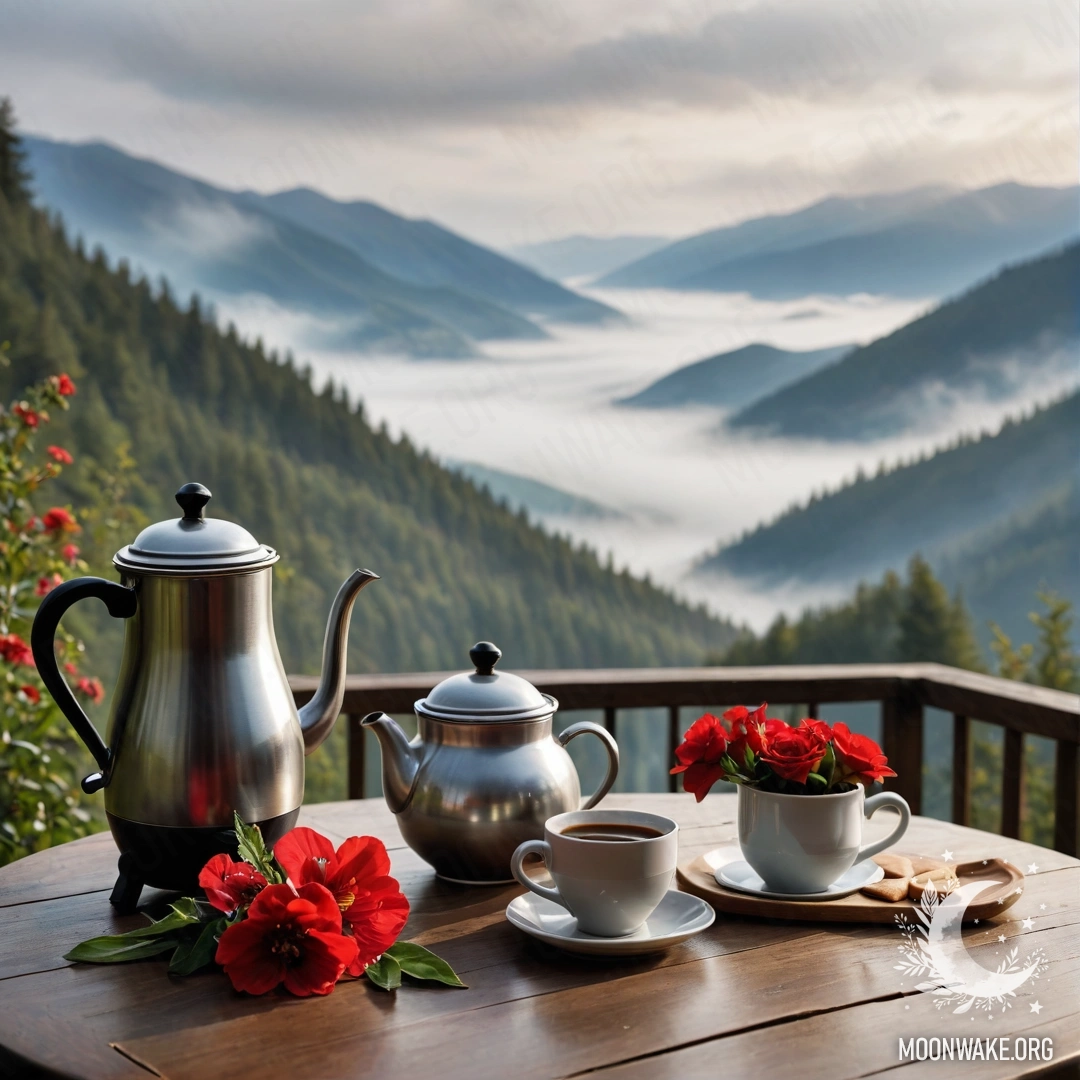 Уютный деревянный стол с банкой красных цветов, кофейником и чашками в густом тумане на фоне гор.