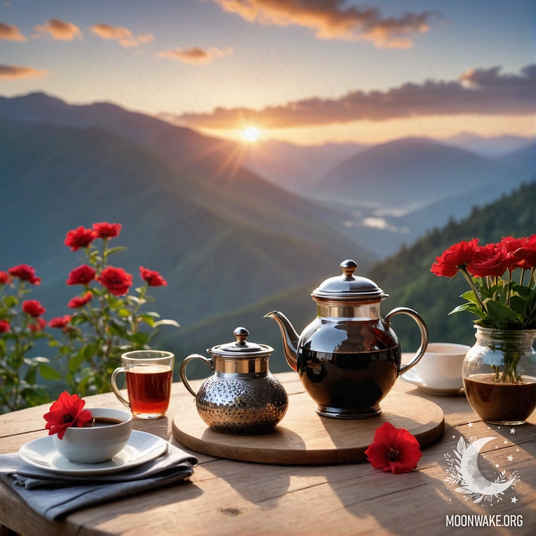 Уютный деревянный стол с банкой красных цветов и кофейником на фоне гор во время заката.