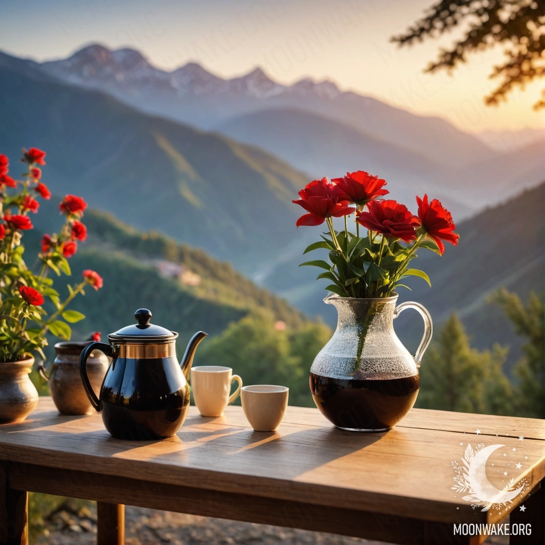 Уютный деревянный стол с красными цветами, кофейником и чашками на фоне гор во время заката.