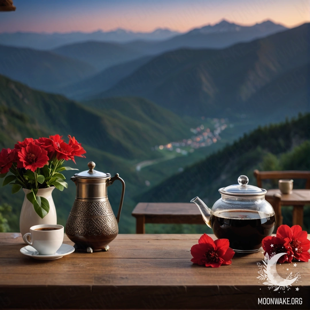 Уютный деревянный стол с банкой красных цветов, кофейником и чашками на фоне горной местности ночью.
