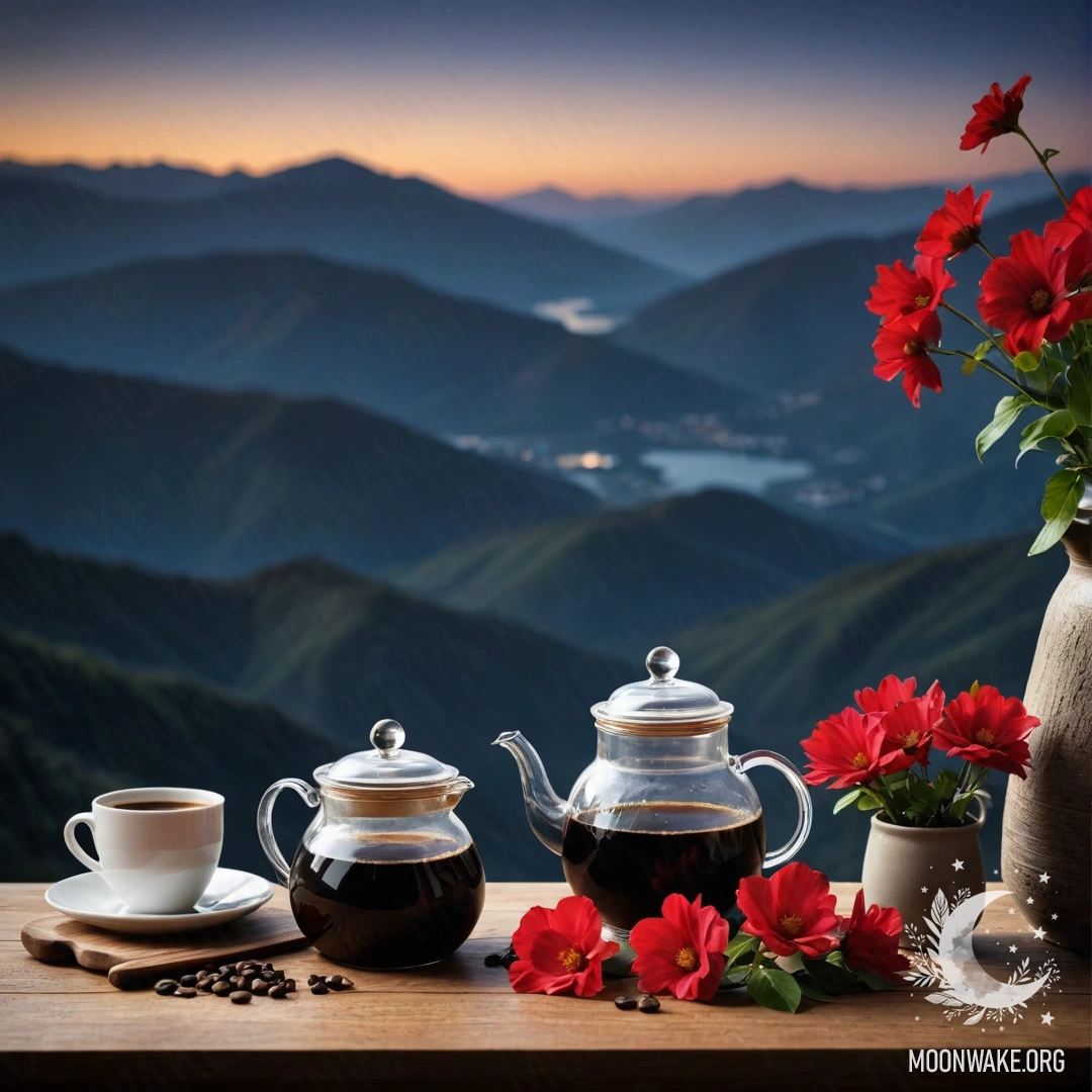 Уютный деревянный стол ночью на фоне гор, украшенный банкой с красными цветами, кофейником и чашками.