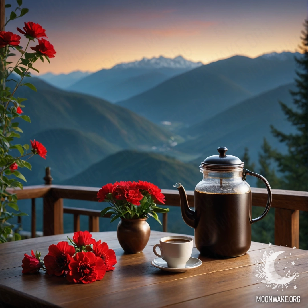 Деревянный стол с банкой красных цветов, кофейником и чашками на фоне гор в ночное время.