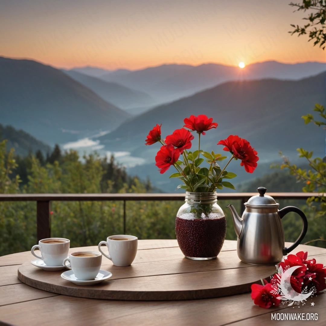 На уютном деревянном столе стоит банка с красными цветами и кофейник с чашками на фоне гор на закате.