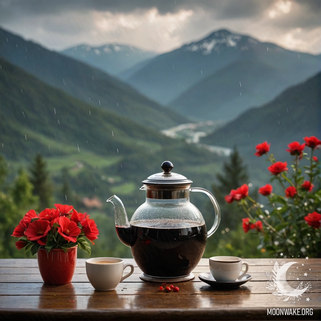 Уютный деревянный стол с банкой красных цветов, кофейником и чашками на фоне гор под дождем.