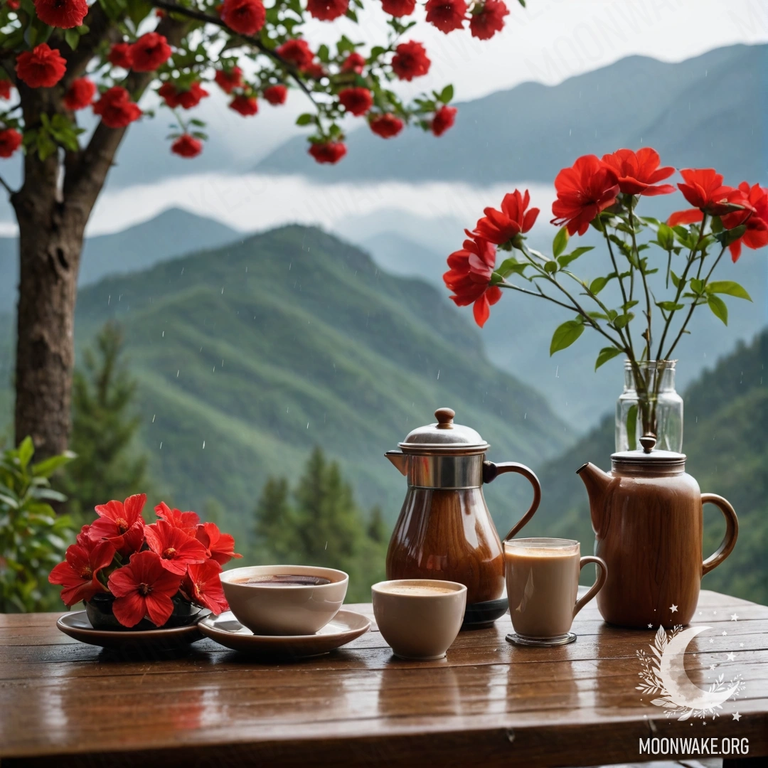 Уютный деревянный стол с банкой красных цветов, кофейником и чашками на фоне дождливых гор.