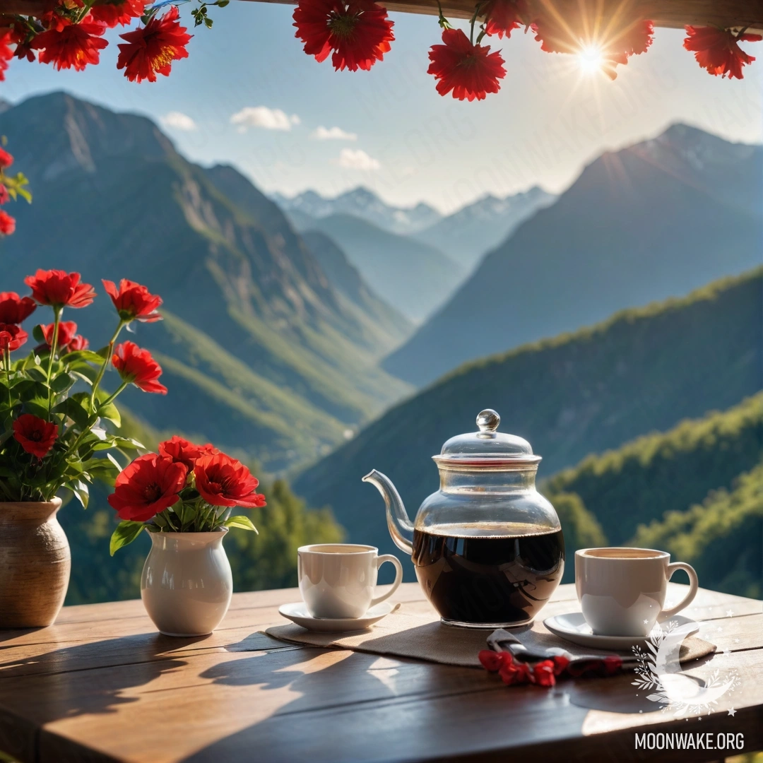Уютный деревянный стол с красными цветами и кофейным набором на фоне гор.