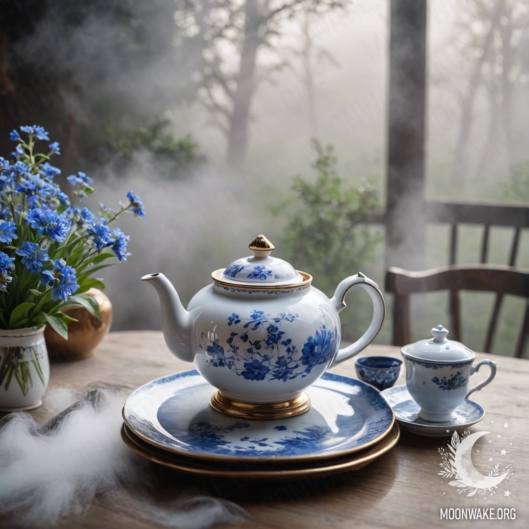 Круглый деревянный стол с фарфоровым чайником, заполненным синими цветами, окруженный густым туманом.