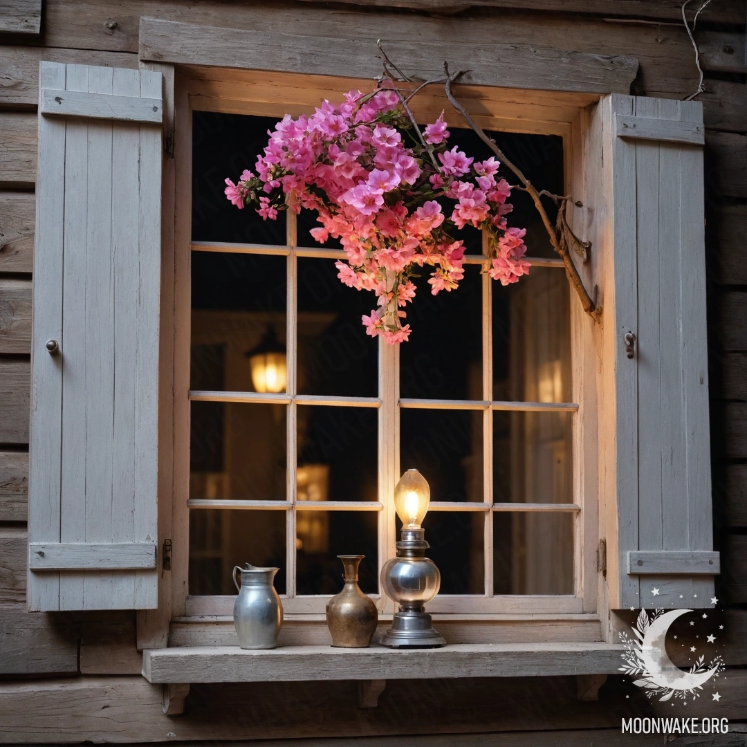 Старое деревянное окно с открытыми ставнями и керосиновой лампой, обвито веткой с розовыми цветами, в ночное время.