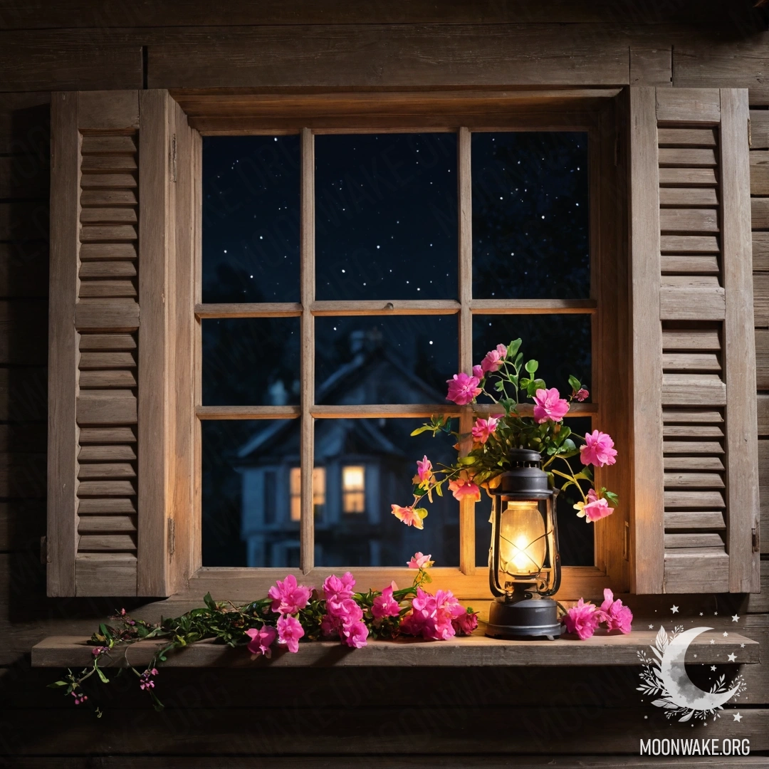 Старое деревянное окно с ставнями, украшенное розовыми цветами и висячей керосиновой лампой.