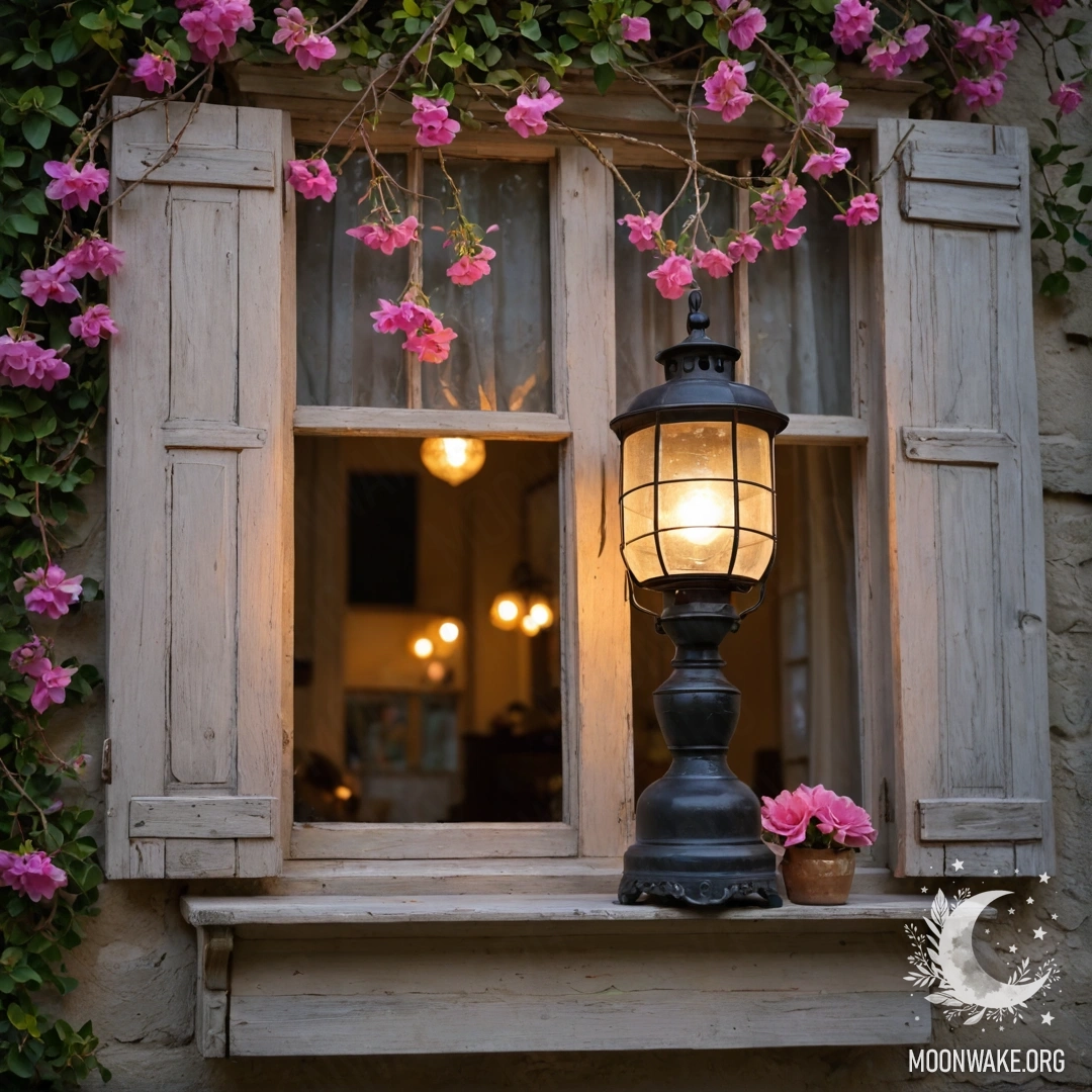 Старое деревянное окно с ставнями, украшенное розовыми цветами, и керосиновая лампа над ним на фоне великолепного заката.