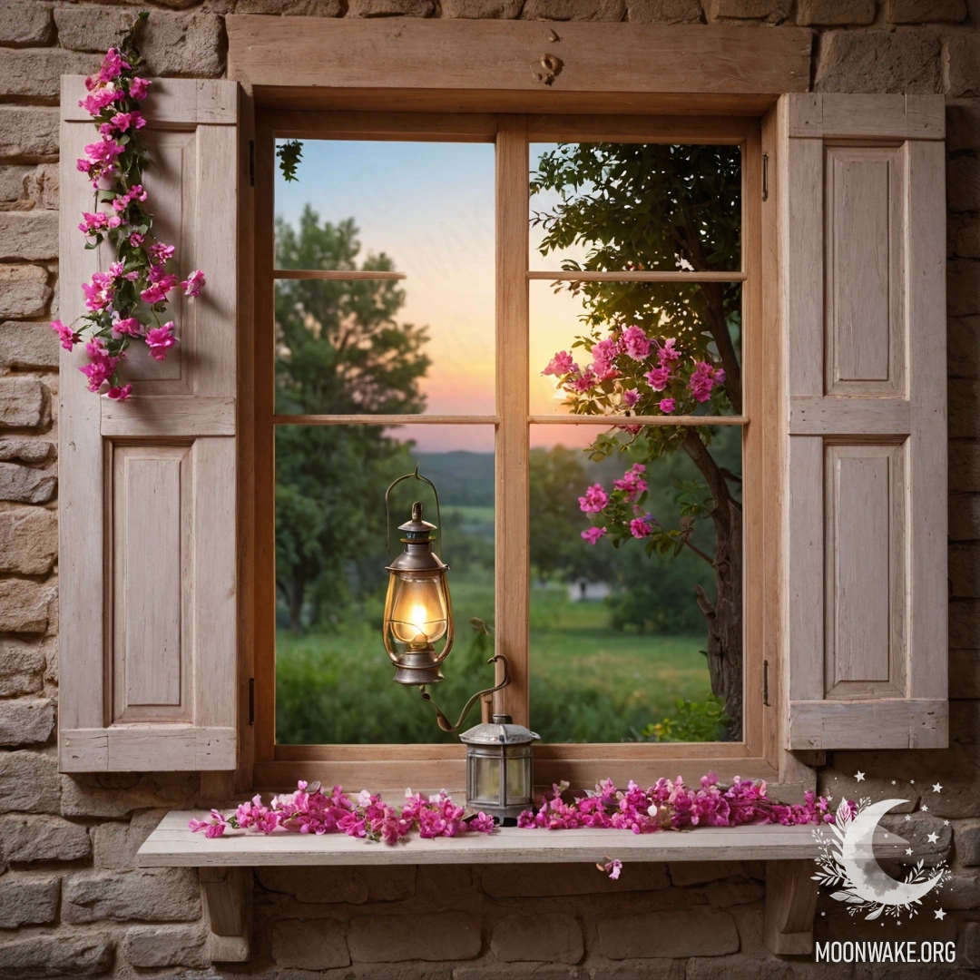 Потрепанное деревянное окно, обрамлённое розовыми цветами и керосиновой лампой.