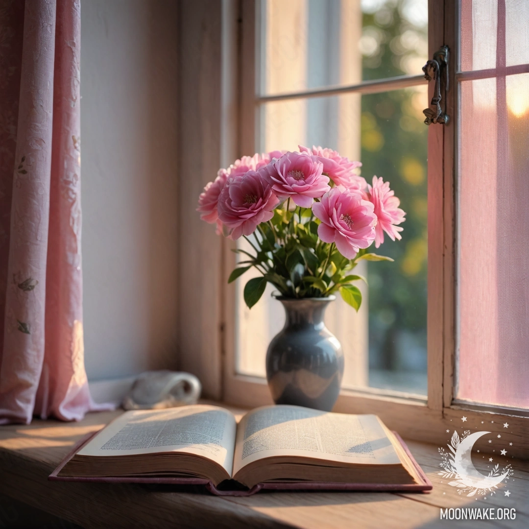 Деревянный подоконник с старой книгой, серой вазой с розовыми цветами и розовой занавеской на закате.