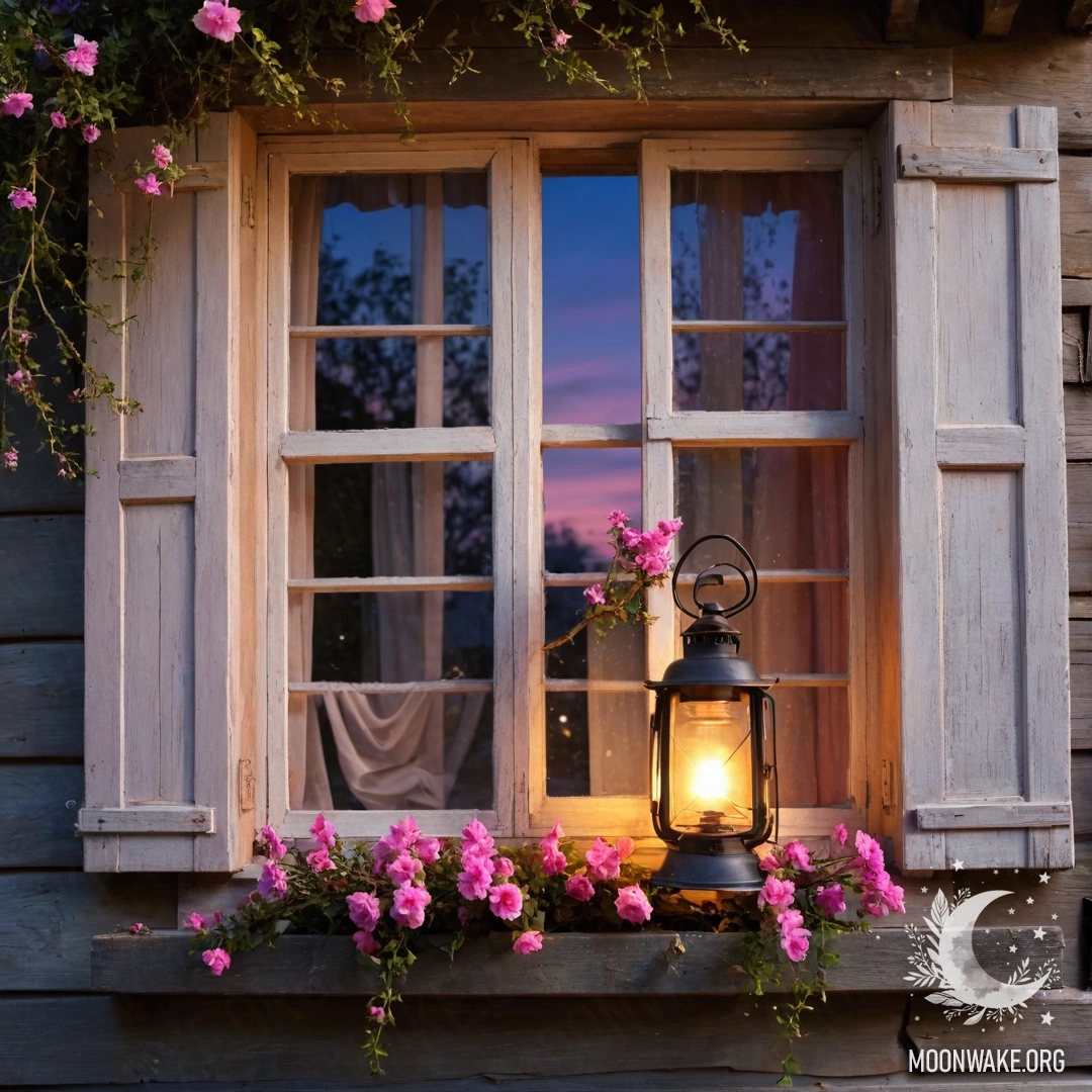 Старое деревянное окно с ставнями, над ним висит керосиновая лампа, а вокруг окна вьются розовые цветы на фоне заката.