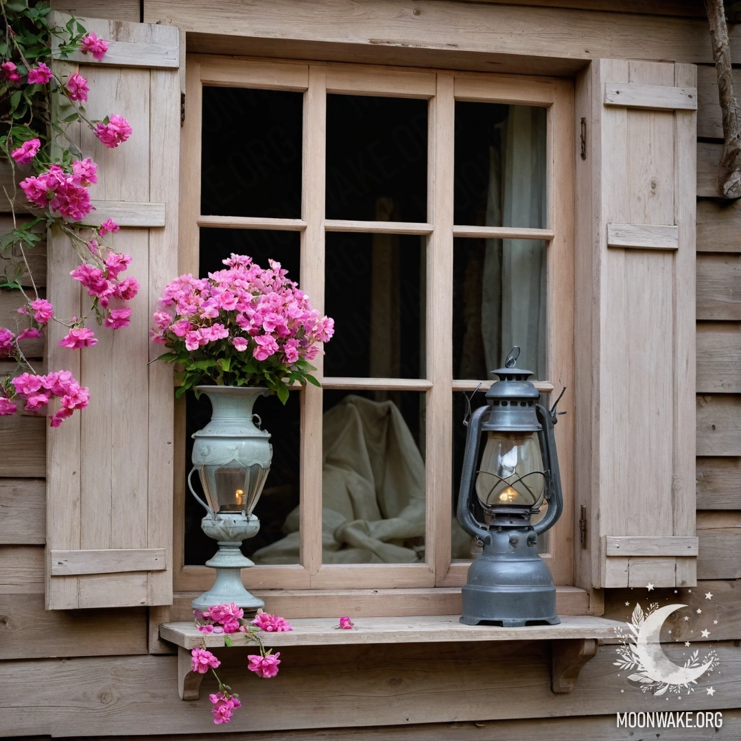 Старое деревянное окно с ставнями и керосиновой лампой сверху, обвито ветвями с розовыми цветами.