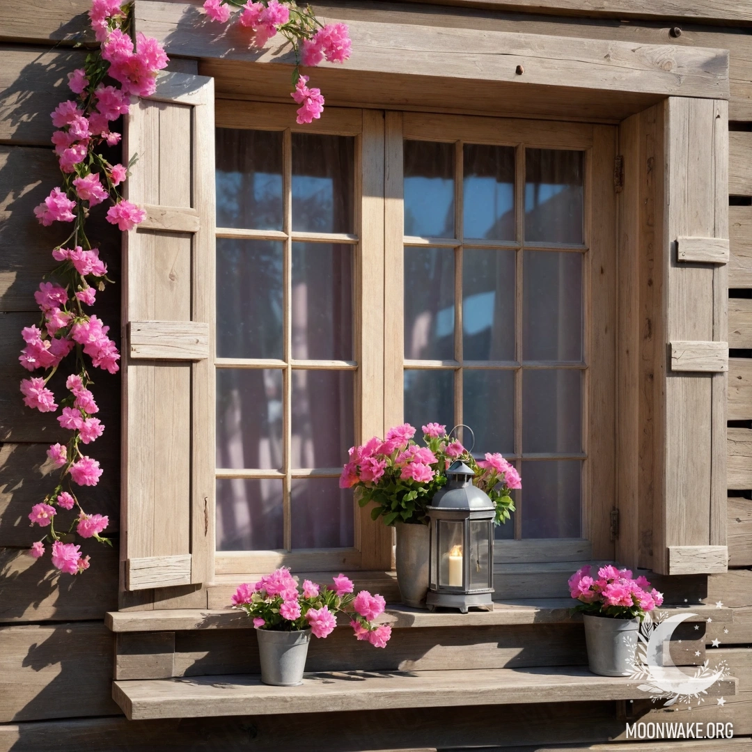 Фотореалистичное изображение потрепанного деревянного окна с ставнями, украшенного розовыми цветами и висячей керосиновой лампой.
