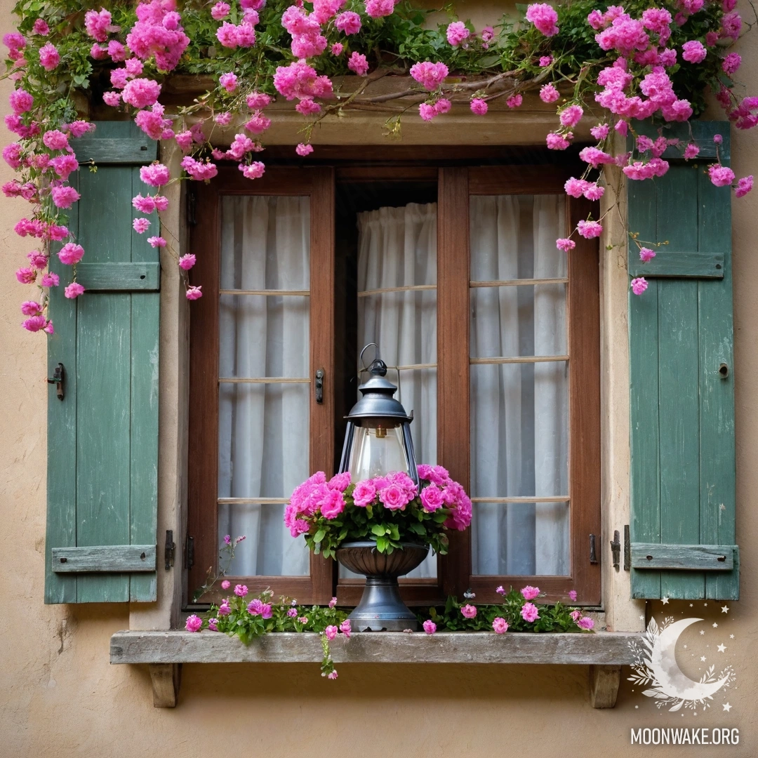 Старое деревянное окно, украшенное розовыми цветами и лампой.