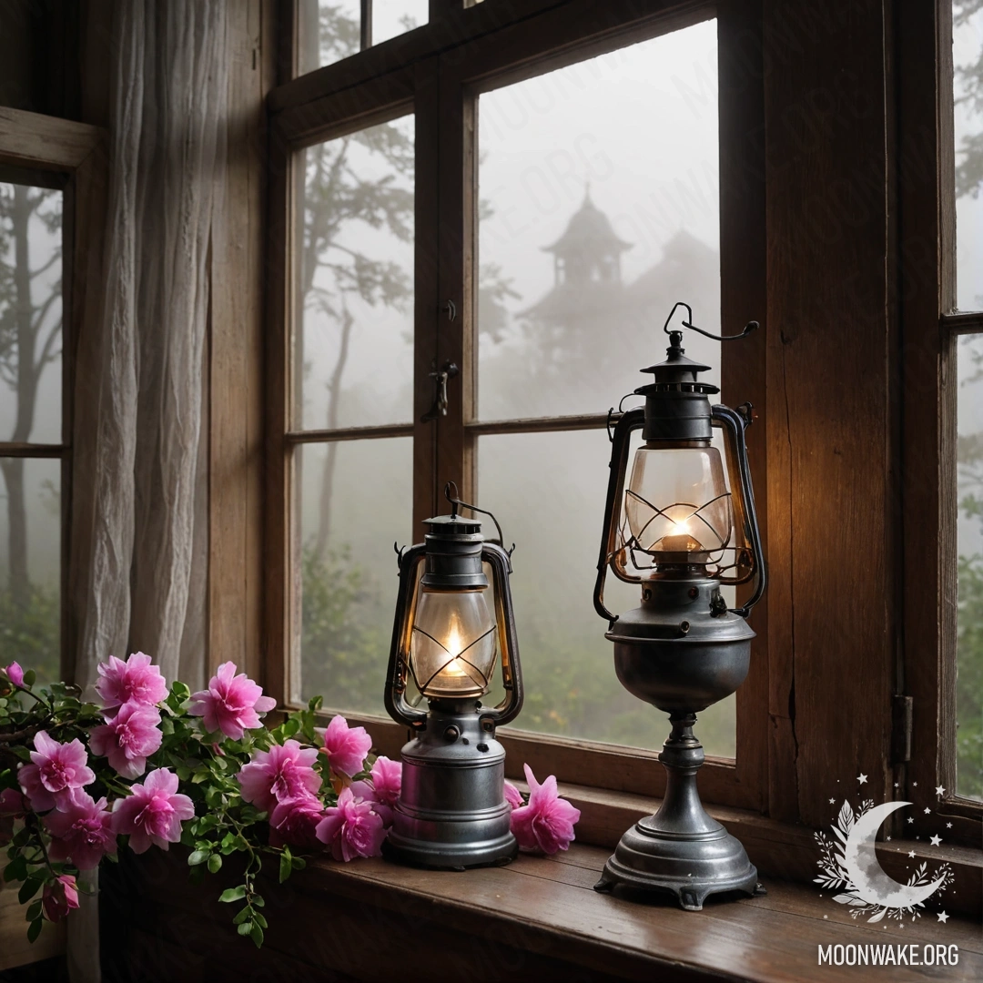 Старое деревянное окно с ставнями и керосиновой лампой сверху, окруженное розовыми цветами в густом тумане.