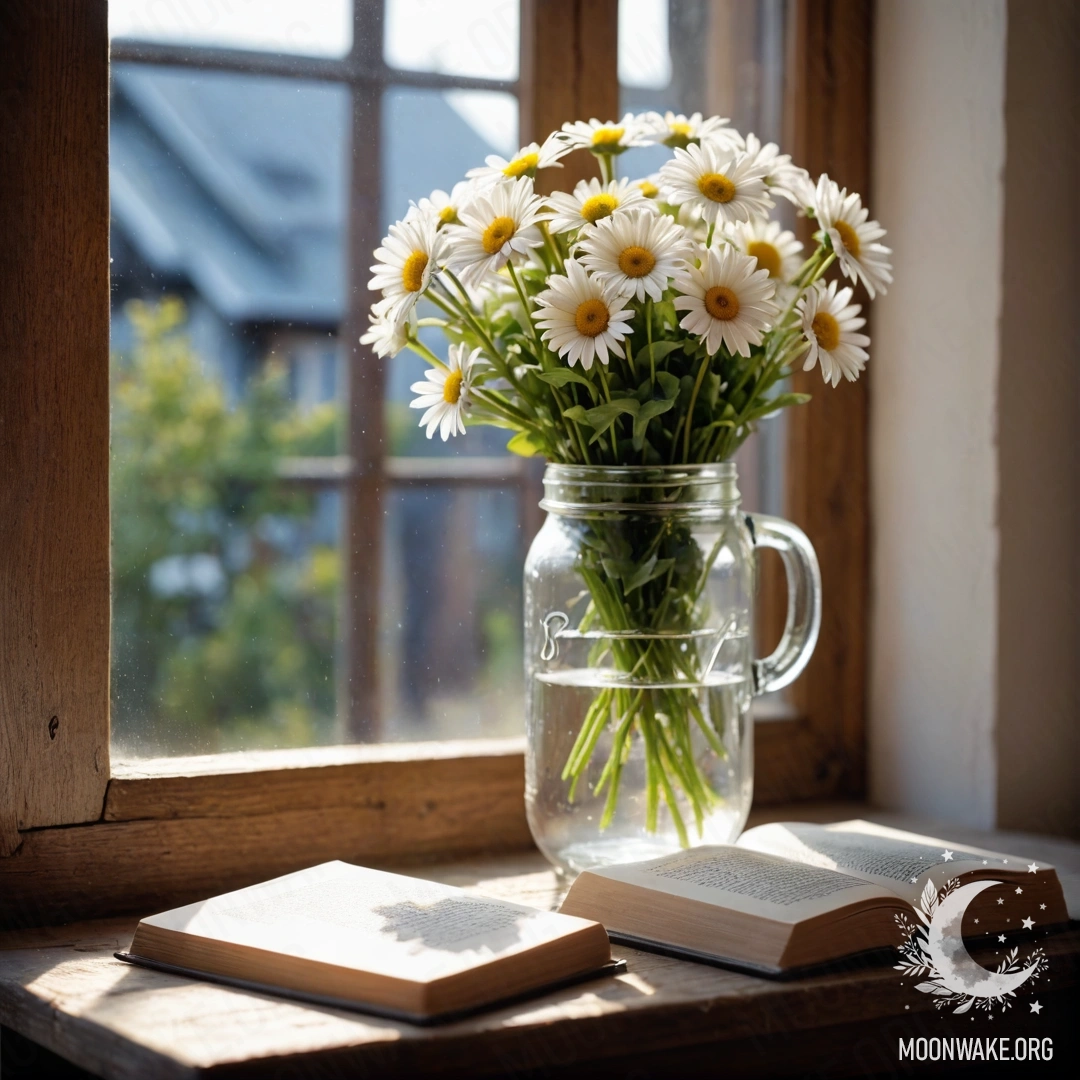 Старый деревянный подоконник с банкой ромашек и открытой книгой рядом, подсвеченный гирляндой огней.