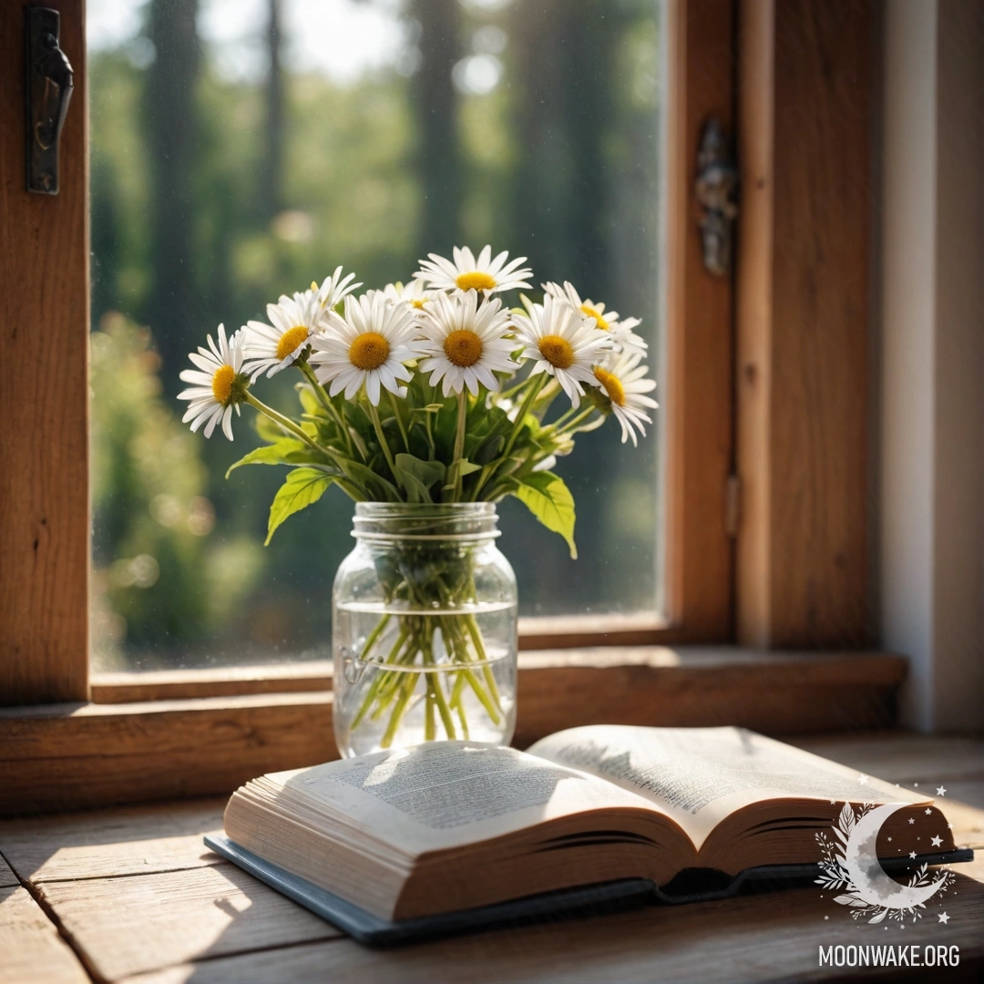 Старый деревянный подоконник с банкой ромашек и открытой книгой.