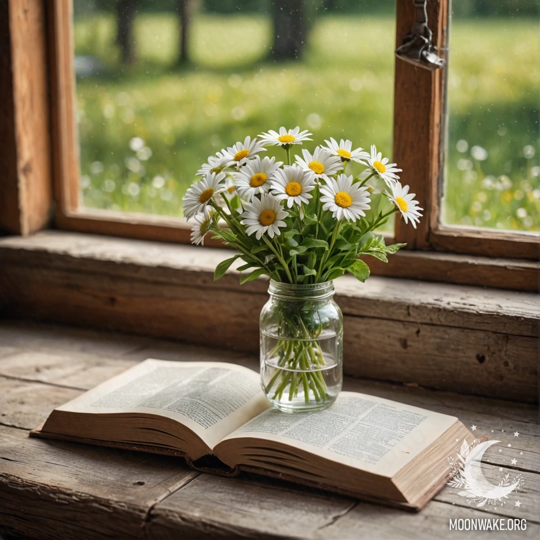 Уютный деревянный подоконник с баночкой, наполненной букетом ромашек, и открытой книгой с линзой рядом.