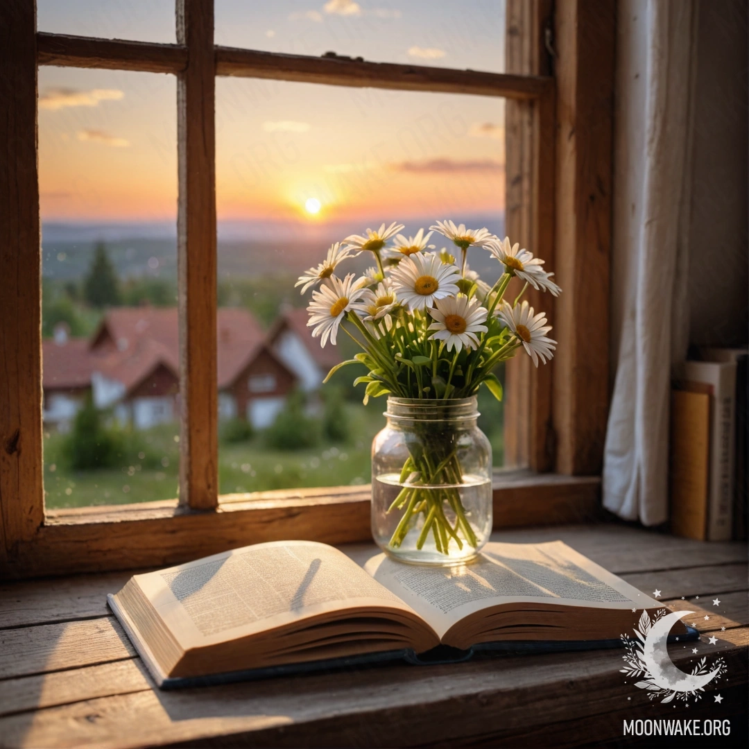 Деревянный подоконник, украшенный банкой с ромашками и открытой книгой на фоне заката.