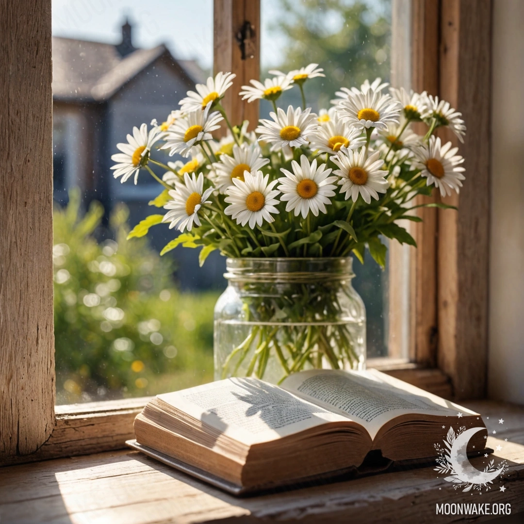 Фотореалистичное изображение уютного деревянного подоконника с банкой ромашек и открытой книгой, залитой солнечным светом.