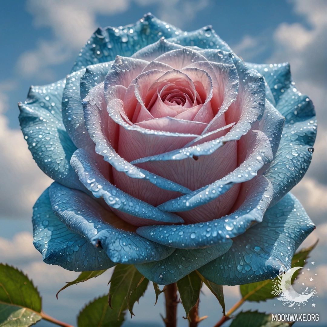 Импрессионистская картина с кристальной розой небесно-голубого цвета.