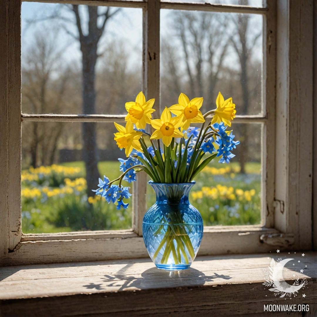 Белая фарфоровая ваза с нарциссами и незабудками на старом деревянном подоконнике.