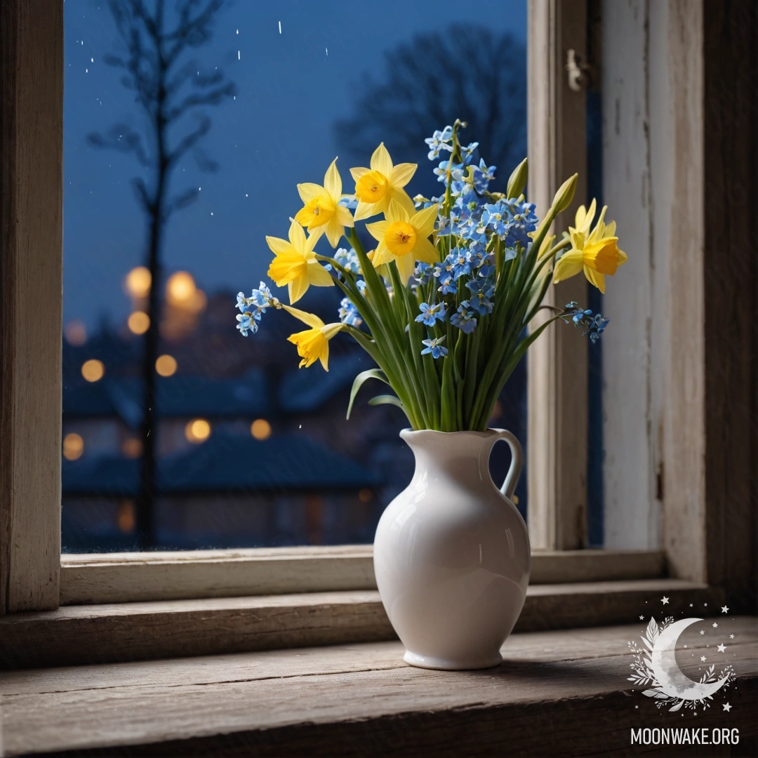 Белая фарфоровая ваза с нарциссами и незабудками на старом, обветшалом оконном подоконнике ночью.